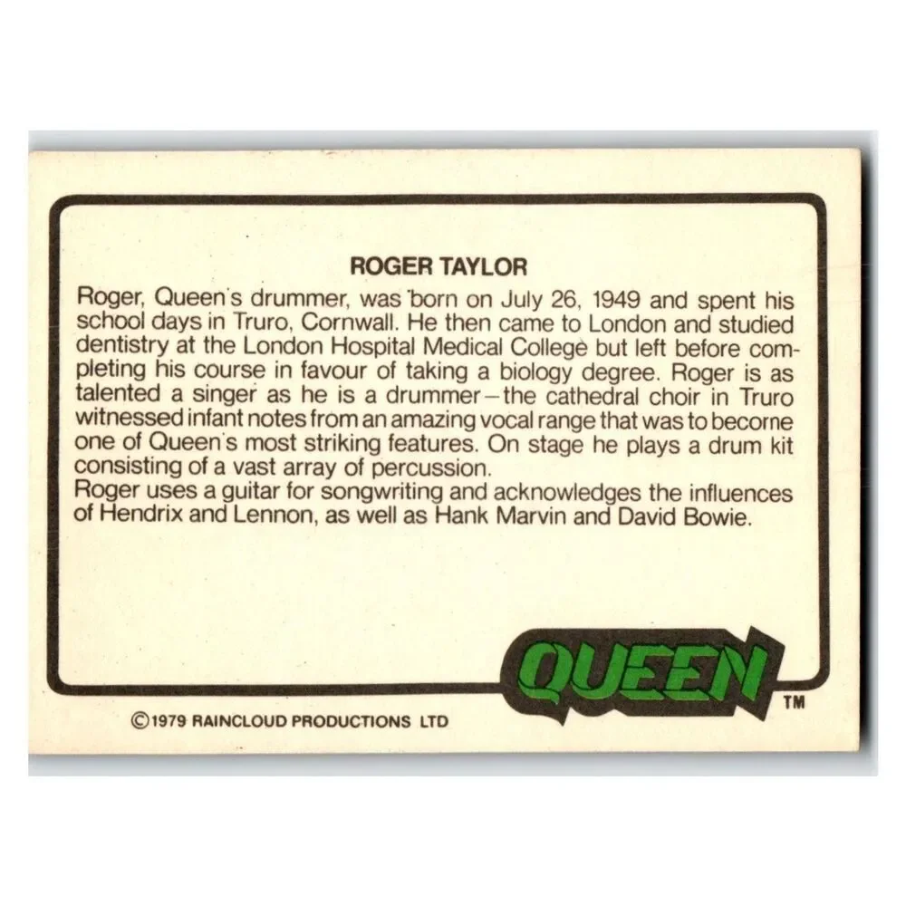 Queen Roger Taylor 1979 Queen Raincloud Productions Ltd #18 Rock Stars Series